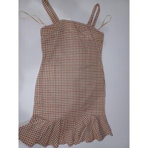 Good Luck Gem Tank Top Womens Large Brown Red White Plaid Ruffle Strap‎ New
